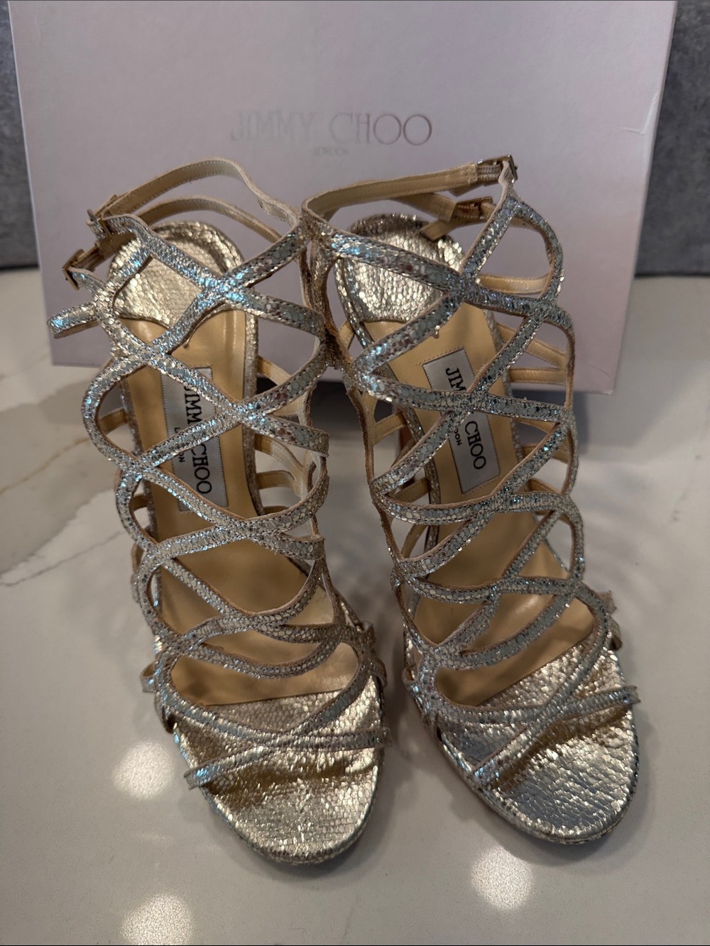 Jimmy Choo Silver Glitter Strappy Cage High Heels 40